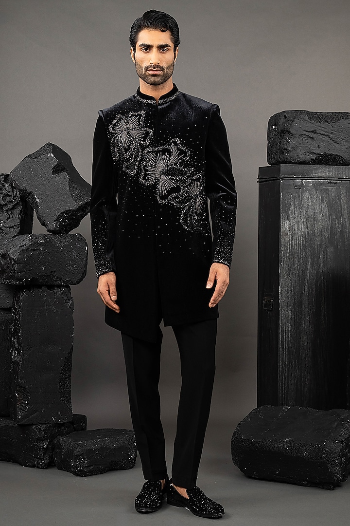 Black Japanese Fabric Wedding Indowestern Set by ADANI at Pernia's Pop Up Shop