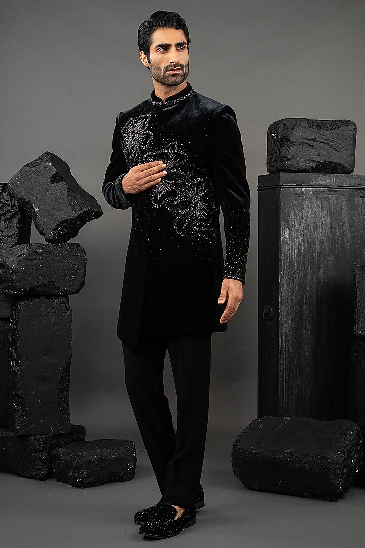 Black Japanese Fabric Wedding Indowestern Set by ADANI at Pernia's Pop Up Shop