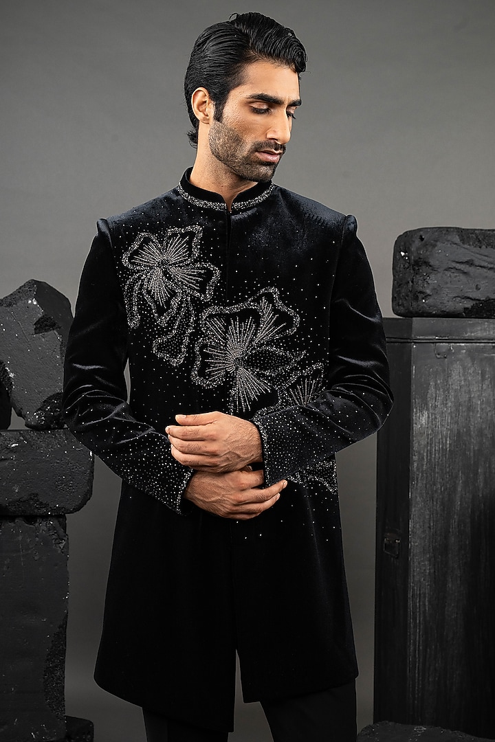 Black Japanese Fabric Wedding Indowestern Set by ADANI at Pernia's Pop Up Shop