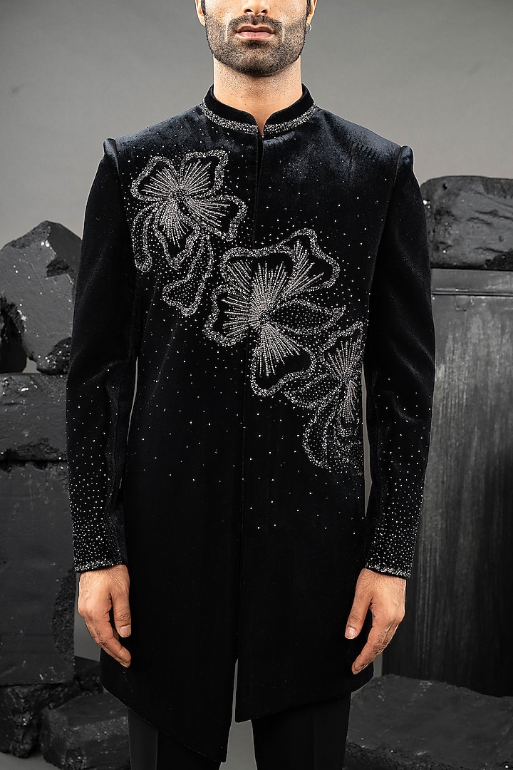 Black Japanese Fabric Wedding Indowestern Set by ADANI at Pernia's Pop Up Shop