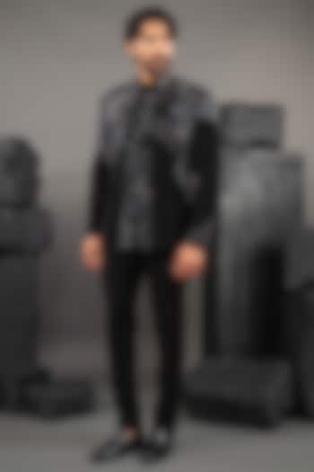 Black Japanese Fabric Open-Wedding Indowestern Set by ADANI at Pernia's Pop Up Shop