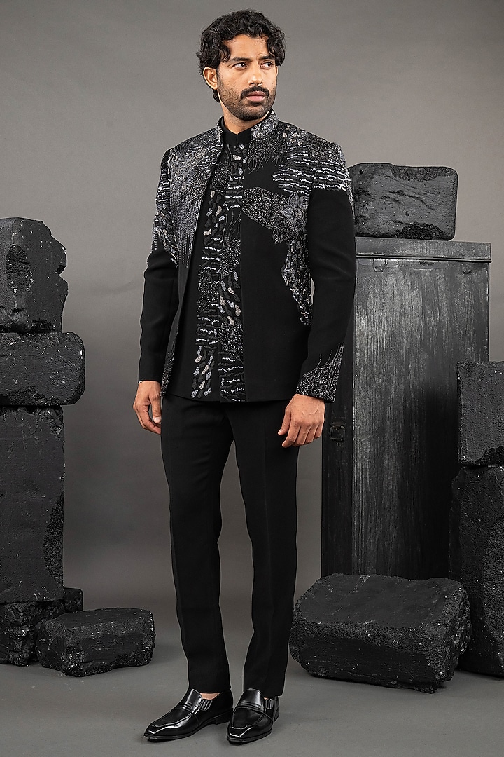 Black Japanese Fabric Open-Wedding Indowestern Set by ADANI at Pernia's Pop Up Shop