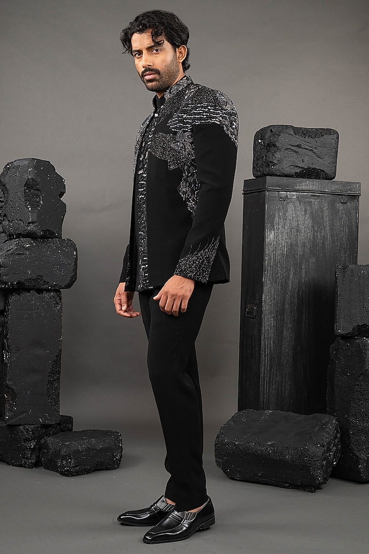 Black Japanese Fabric Open-Wedding Indowestern Set by ADANI at Pernia's Pop Up Shop
