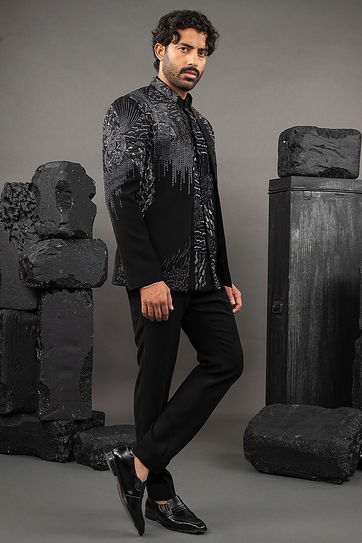 Black Japanese Fabric Open-Wedding Indowestern Set by ADANI at Pernia's Pop Up Shop