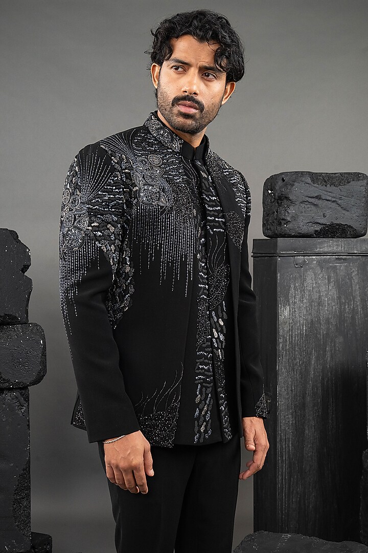 Black Japanese Fabric Open-Wedding Indowestern Set by ADANI at Pernia's Pop Up Shop