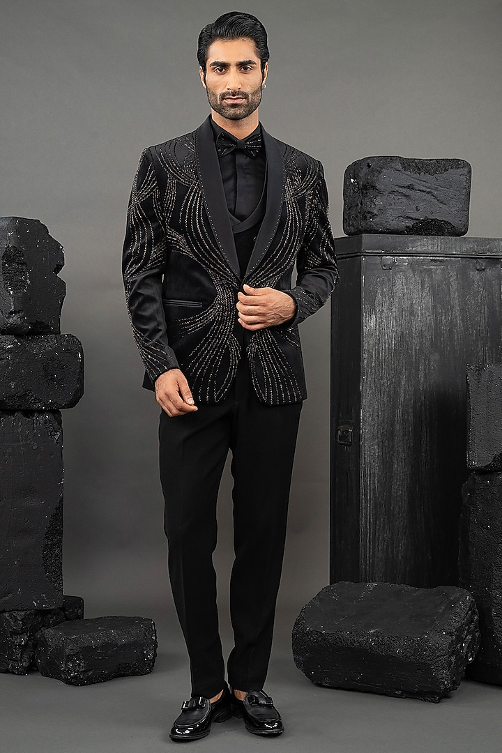 Black Cotton Velvet Beadwork Tuxedo Set by ADANI at Pernia's Pop Up Shop
