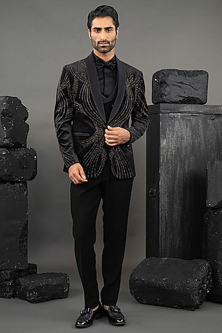 Black Cotton Velvet Beadwork Tuxedo Set by ADANI