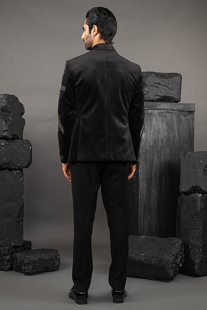 Black Cotton Velvet Beadwork Tuxedo Set by ADANI at Pernia's Pop Up Shop
