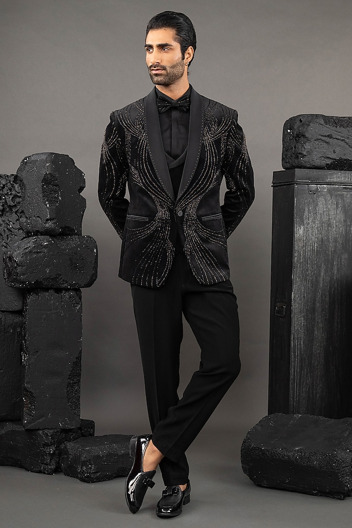 Black Cotton Velvet Beadwork Tuxedo Set by ADANI at Pernia's Pop Up Shop