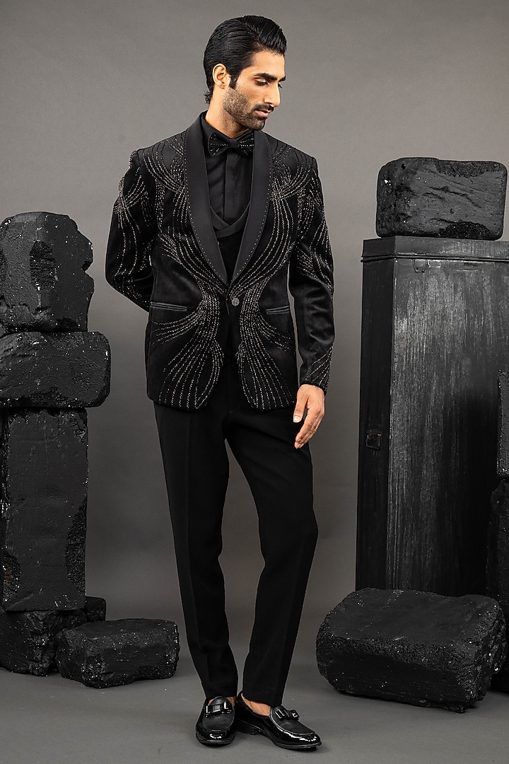 Black Cotton Velvet Beadwork Tuxedo Set by ADANI at Pernia's Pop Up Shop