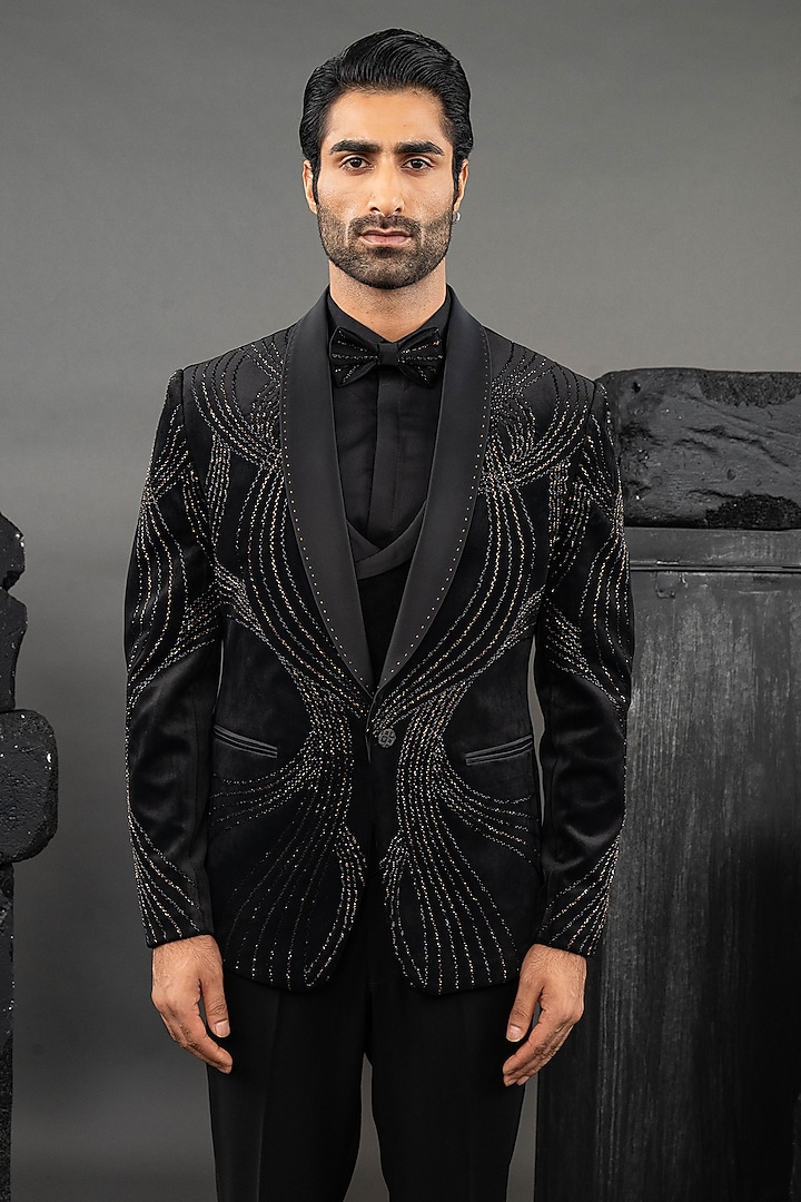 Black Cotton Velvet Beadwork Tuxedo Set by ADANI at Pernia's Pop Up Shop