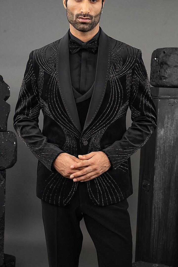 Black Cotton Velvet Beadwork Tuxedo Set by ADANI at Pernia's Pop Up Shop