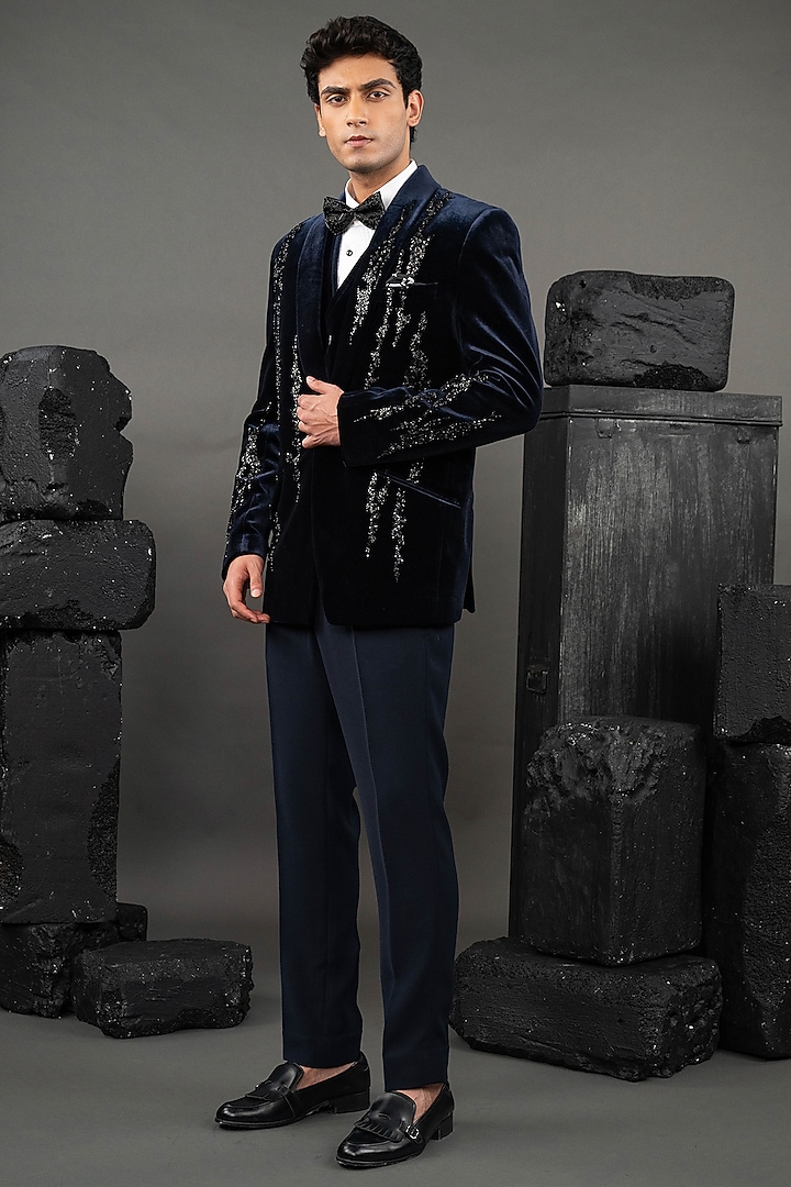 Black Velvet Bead Embroidered Tuxedo Set by ADANI at Pernia's Pop Up Shop