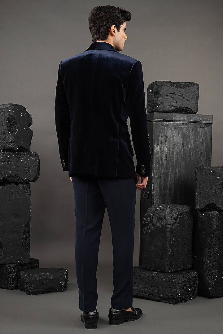 Navy Blue Velvet Bead Embroidered Tuxedo Set by ADANI at Pernia's Pop Up Shop