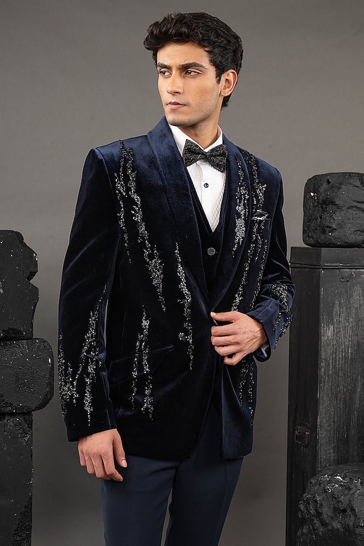 Navy Blue Velvet Bead Embroidered Tuxedo Set by ADANI at Pernia's Pop Up Shop