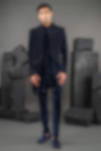 Navy Blue Velvet Embroidered Wedding Indowestern Set by ADANI at Pernia's Pop Up Shop