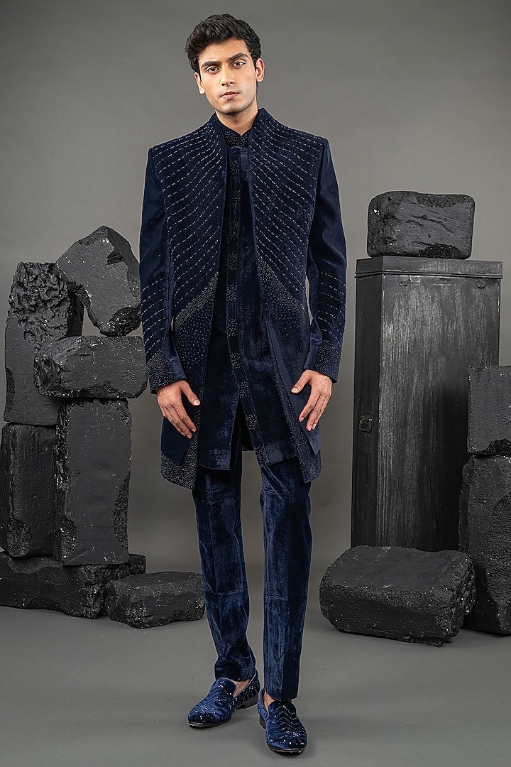 Navy Blue Velvet Embroidered Wedding Indowestern Set by ADANI at Pernia's Pop Up Shop