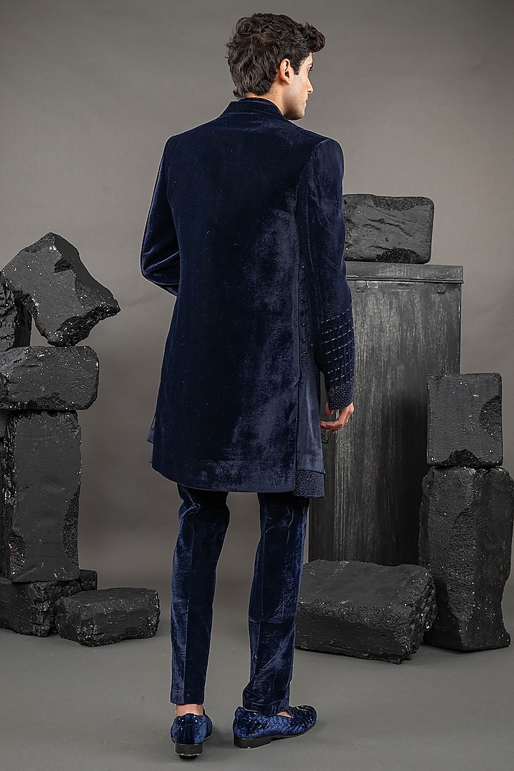 Navy Blue Velvet Embroidered Wedding Indowestern Set by ADANI at Pernia's Pop Up Shop