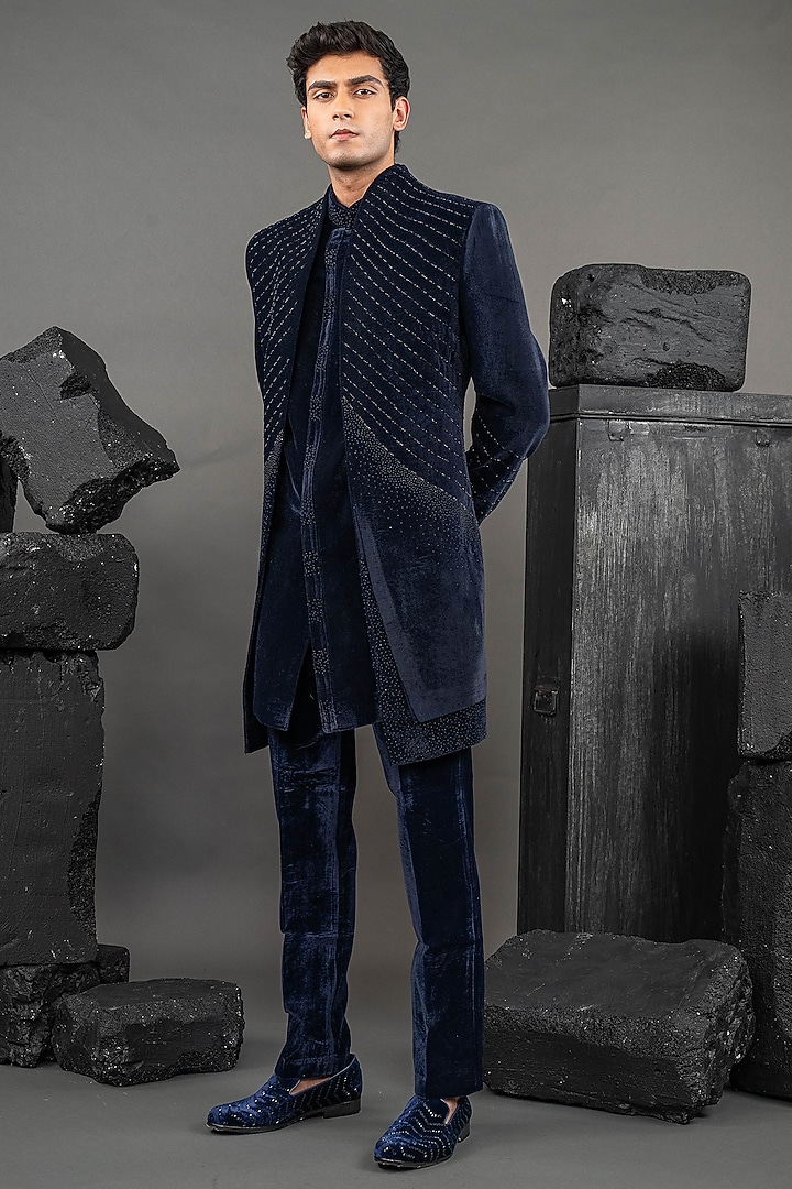 Navy Blue Velvet Embroidered Wedding Indowestern Set by ADANI at Pernia's Pop Up Shop