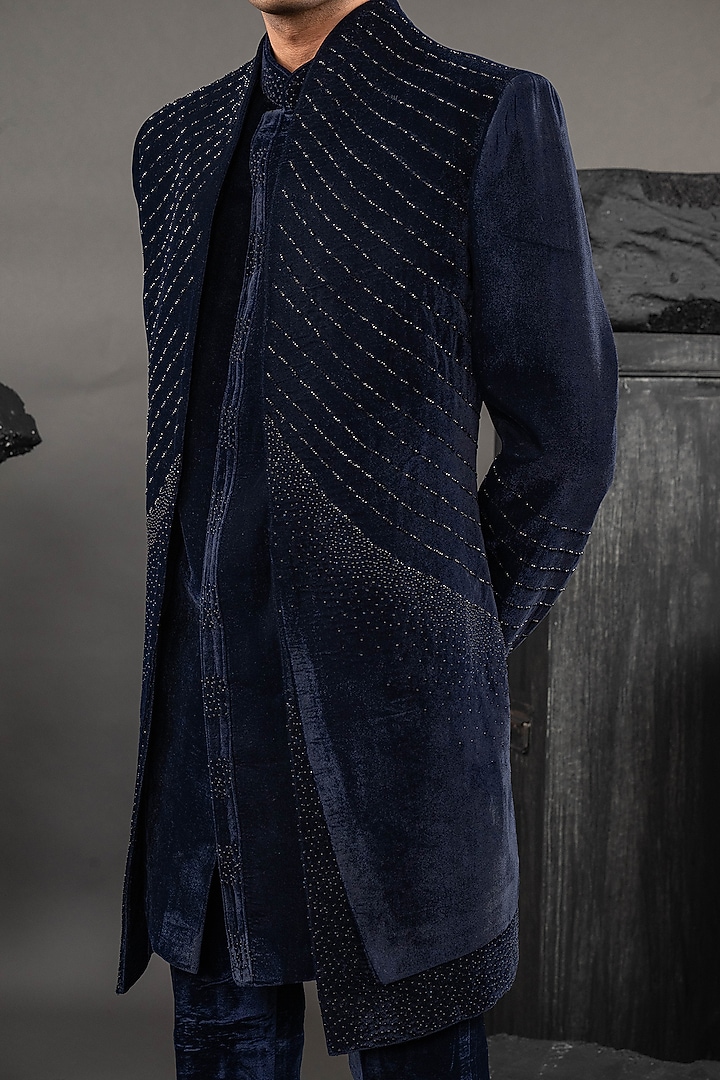 Navy Blue Velvet Embroidered Wedding Indowestern Set by ADANI at Pernia's Pop Up Shop