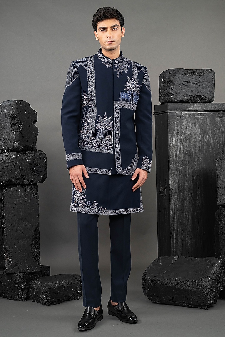 Blue Korean Fabric Beadwork Wedding Indowestern Set by ADANI at Pernia's Pop Up Shop