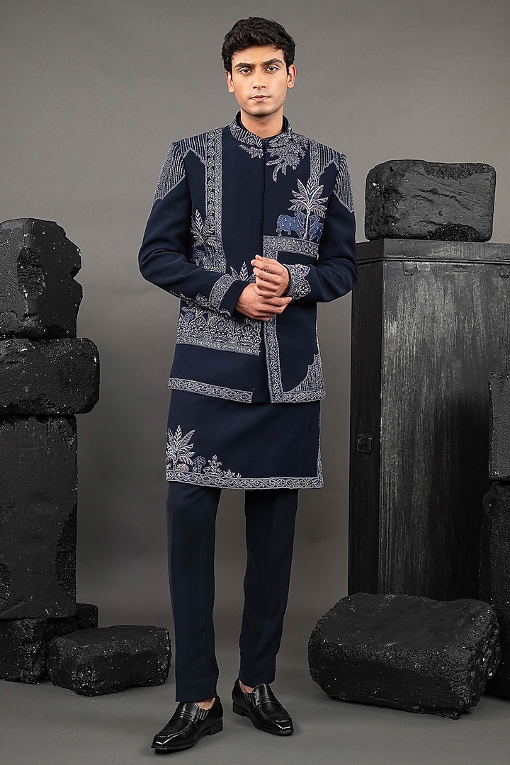 Blue Korean Fabric Beadwork Wedding Indowestern Set by ADANI at Pernia's Pop Up Shop