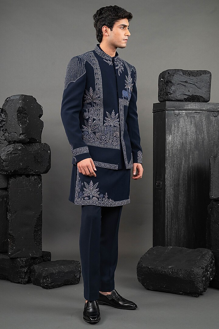 Blue Korean Fabric Beadwork Wedding Indowestern Set by ADANI at Pernia's Pop Up Shop