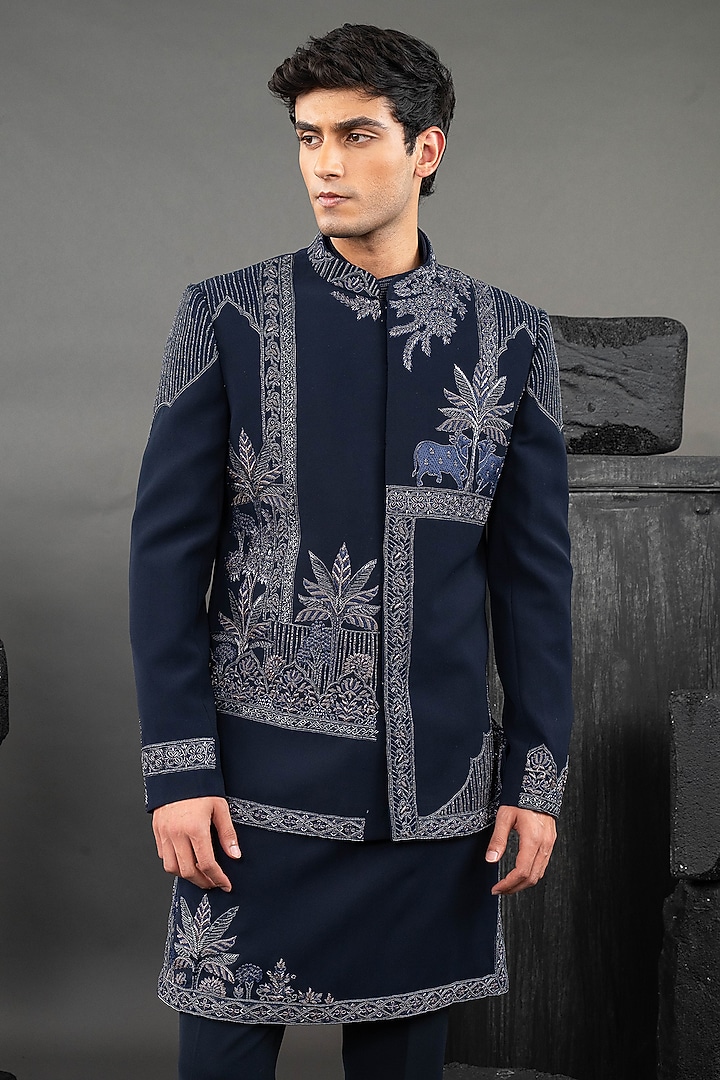 Blue Korean Fabric Beadwork Wedding Indowestern Set by ADANI at Pernia's Pop Up Shop