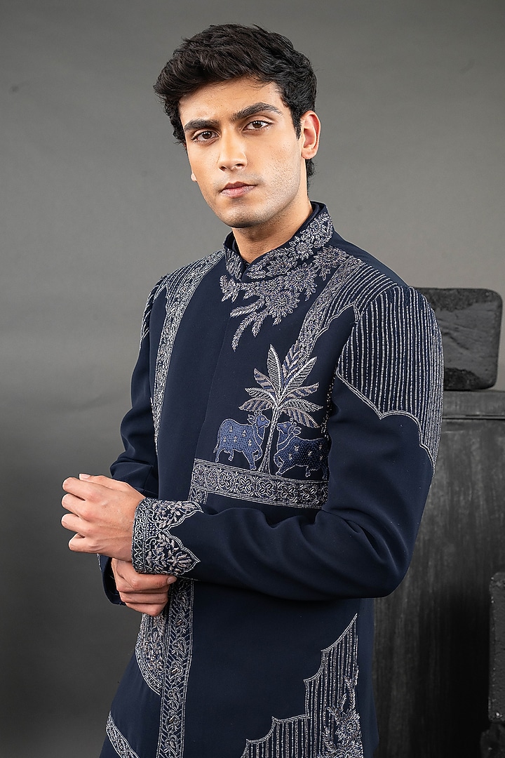Blue Korean Fabric Beadwork Wedding Indowestern Set by ADANI at Pernia's Pop Up Shop