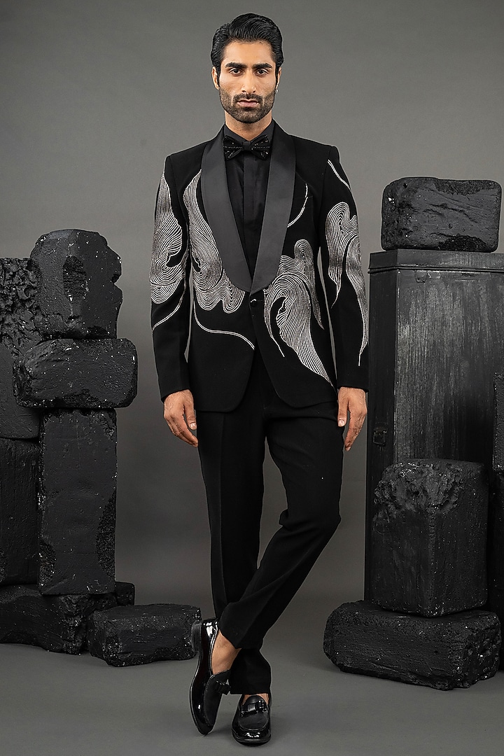 Black Japanese Fabric Embellished Tuxedo Set by ADANI at Pernia's Pop Up Shop