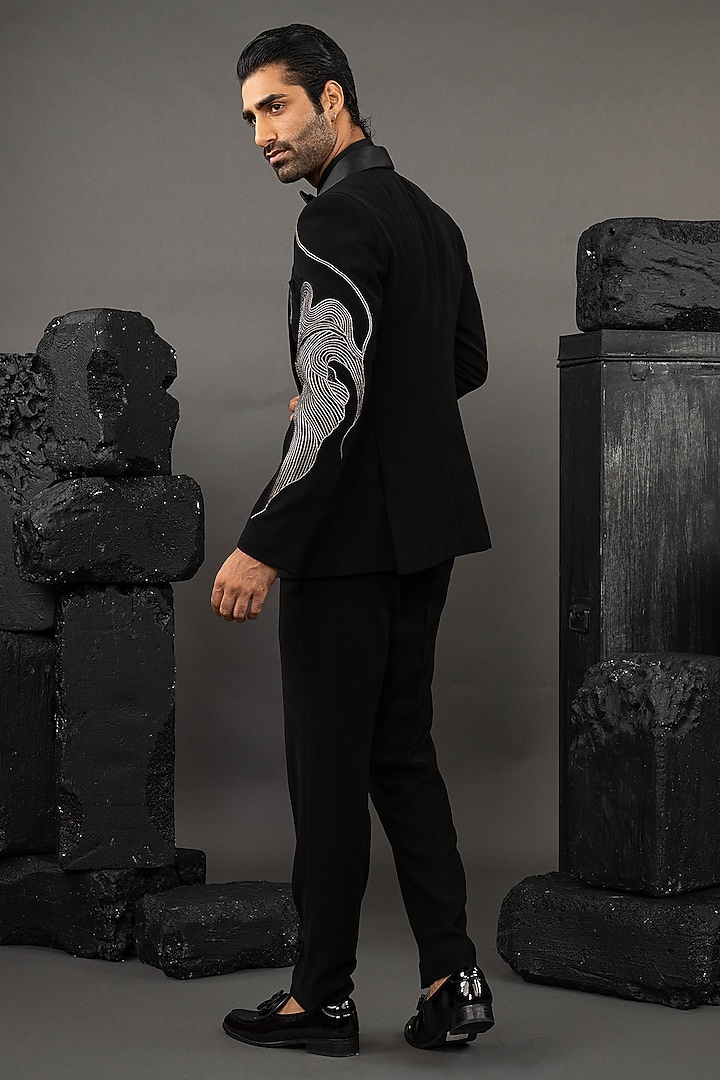 Black Japanese Fabric Embellished Tuxedo Set by ADANI at Pernia's Pop Up Shop