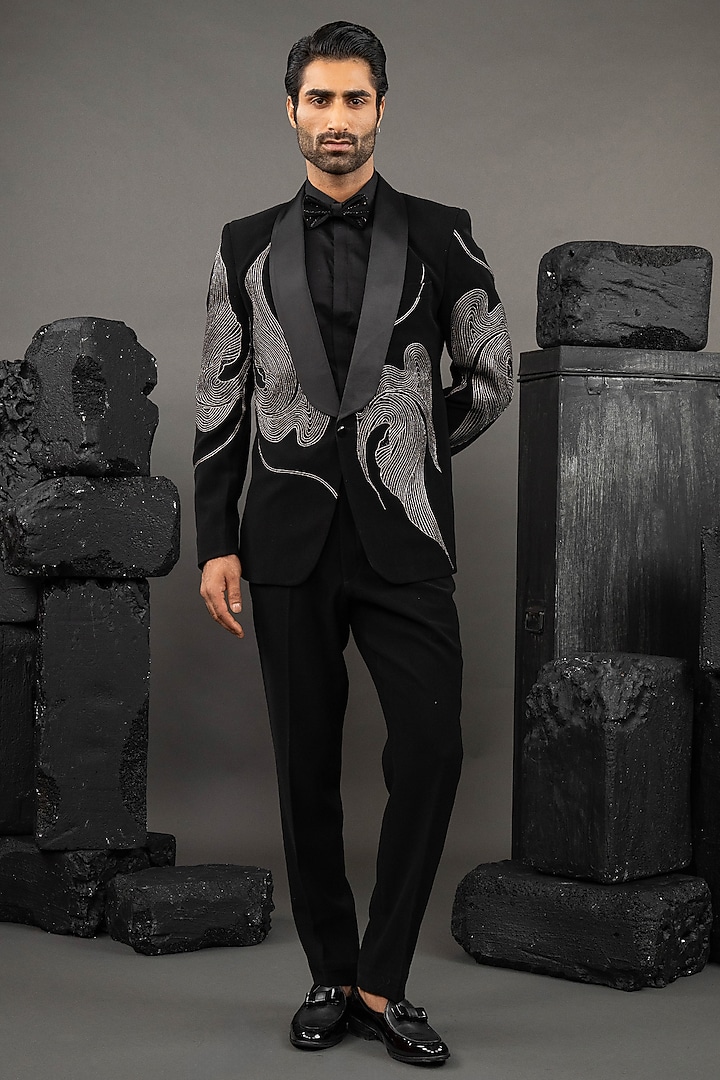 Black Japanese Fabric Embellished Tuxedo Set by ADANI at Pernia's Pop Up Shop