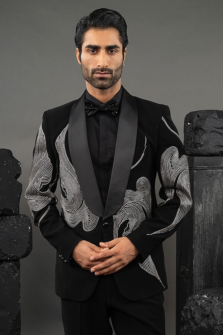 Black Japanese Fabric Embellished Tuxedo Set by ADANI at Pernia's Pop Up Shop