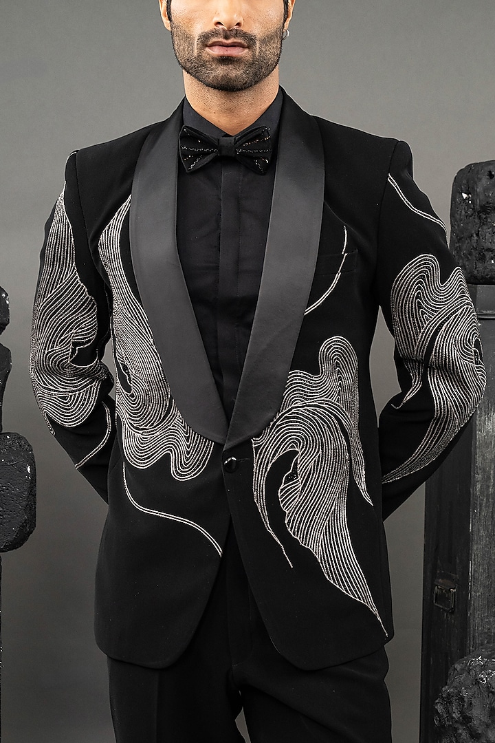 Black Japanese Fabric Embellished Tuxedo Set by ADANI at Pernia's Pop Up Shop