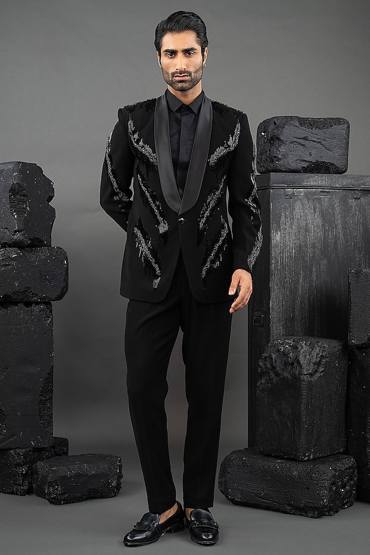 Black Japanese Fabric Hand Embroidered Tuxedo Set by ADANI at Pernia's Pop Up Shop