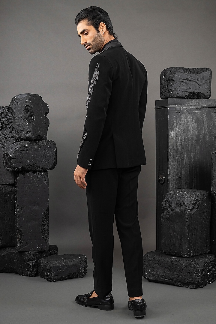 Black Japanese Fabric Hand Embroidered Tuxedo Set by ADANI at Pernia's Pop Up Shop