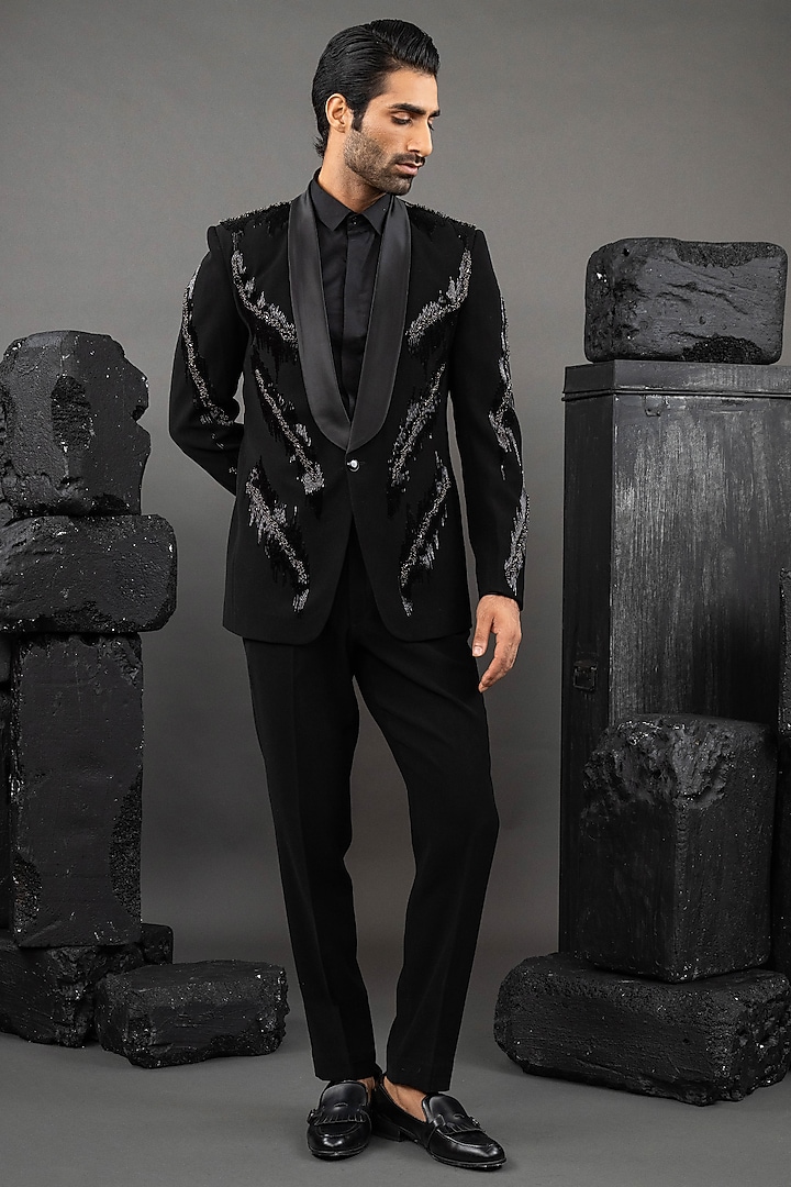 Black Japanese Fabric Hand Embroidered Tuxedo Set by ADANI at Pernia's Pop Up Shop