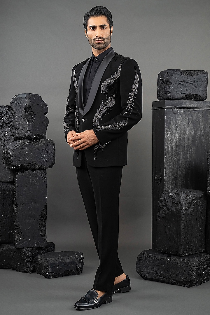 Black Japanese Fabric Hand Embroidered Tuxedo Set by ADANI at Pernia's Pop Up Shop
