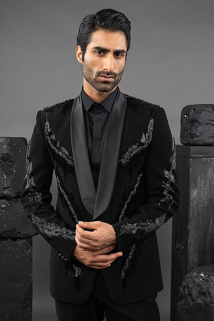 Black Japanese Fabric Hand Embroidered Tuxedo Set by ADANI at Pernia's Pop Up Shop
