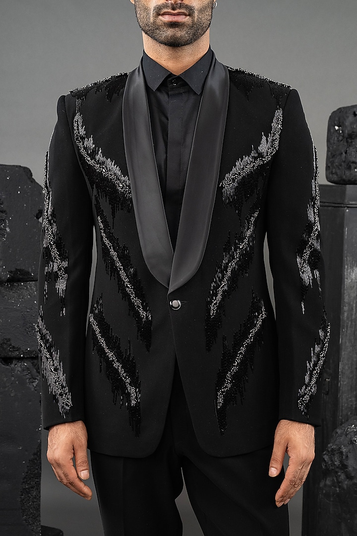 Black Japanese Fabric Hand Embroidered Tuxedo Set by ADANI at Pernia's Pop Up Shop