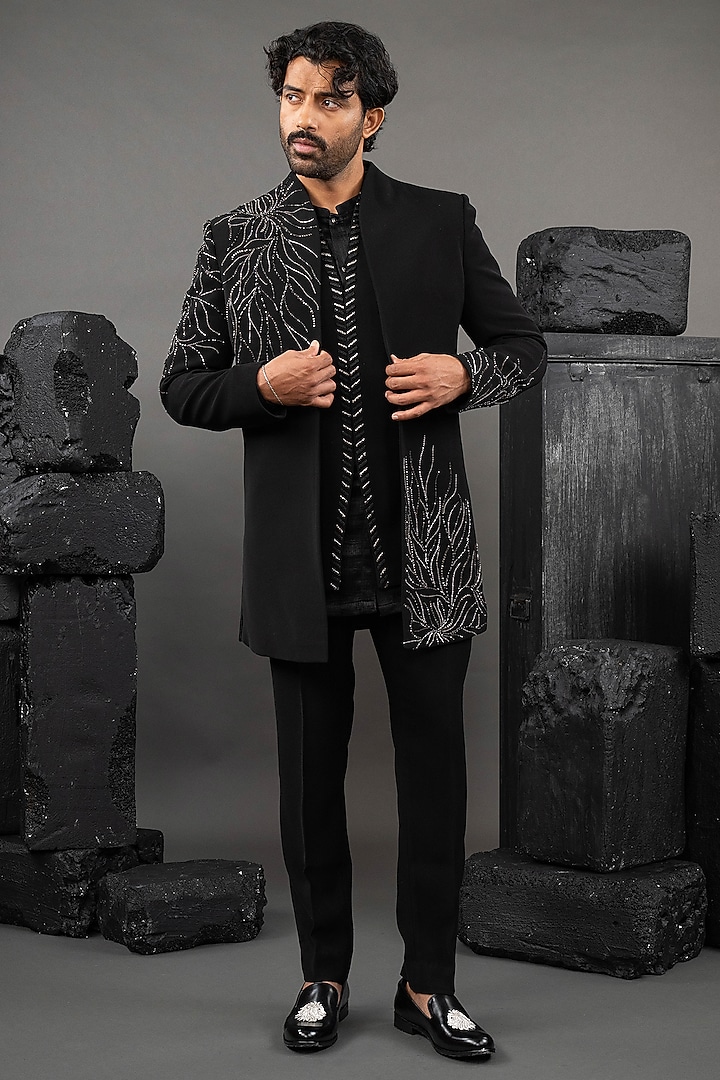 Black Japanese Fabric Beads Embroidered Wedding Indowestern Set by ADANI at Pernia's Pop Up Shop