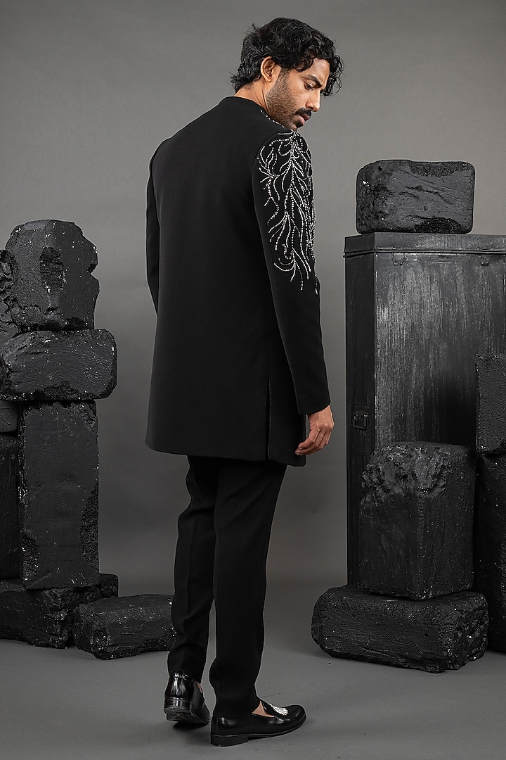 Black Japanese Fabric Beads Embroidered Wedding Indowestern Set by ADANI at Pernia's Pop Up Shop