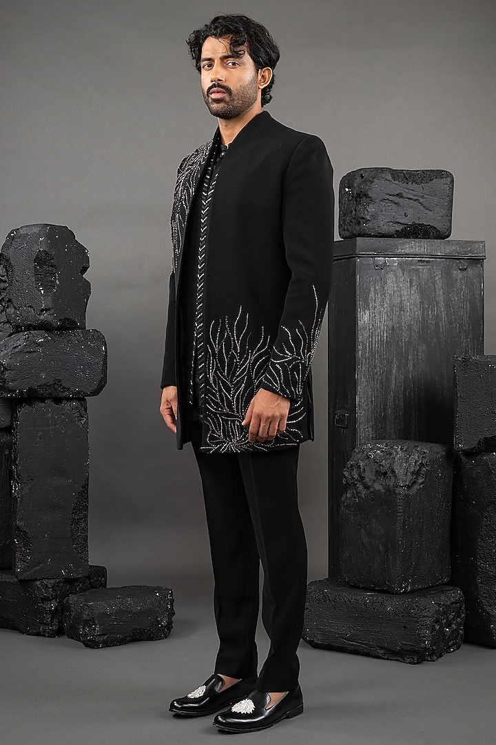 Black Japanese Fabric Beads Embroidered Wedding Indowestern Set by ADANI at Pernia's Pop Up Shop