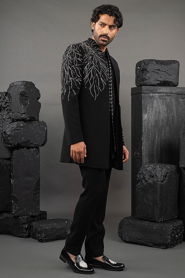 Black Japanese Fabric Beads Embroidered Wedding Indowestern Set by ADANI at Pernia's Pop Up Shop