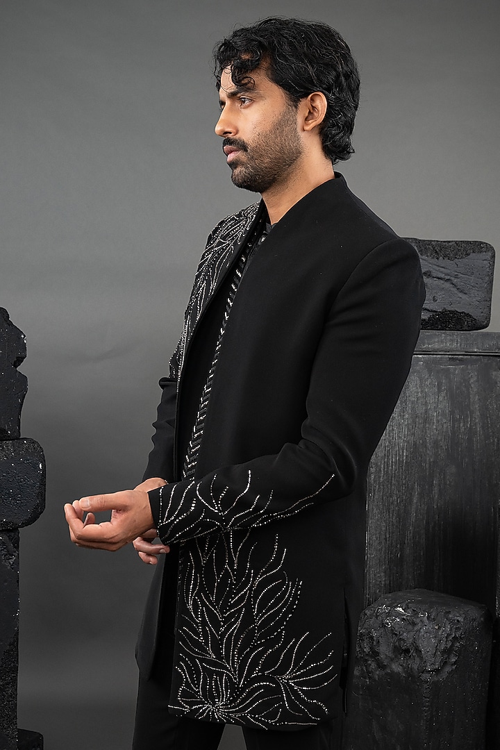 Black Japanese Fabric Beads Embroidered Wedding Indowestern Set by ADANI at Pernia's Pop Up Shop