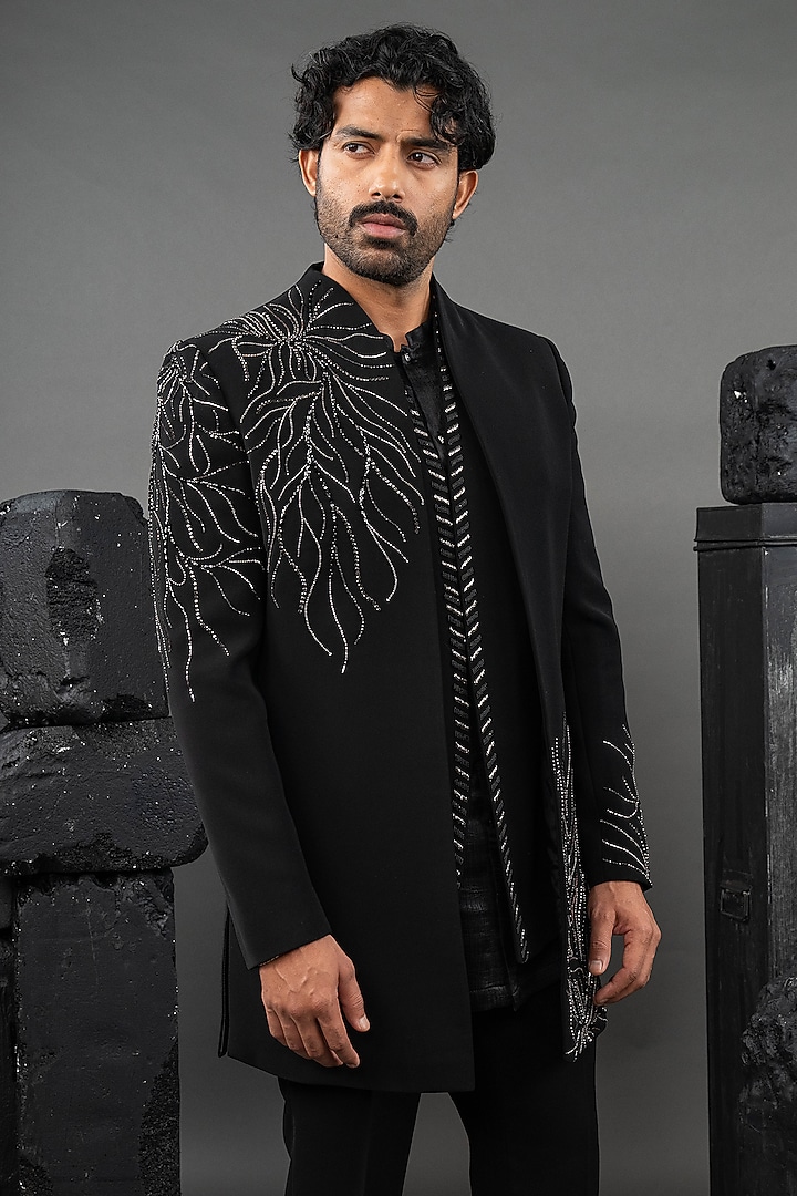 Black Japanese Fabric Beads Embroidered Wedding Indowestern Set by ADANI at Pernia's Pop Up Shop
