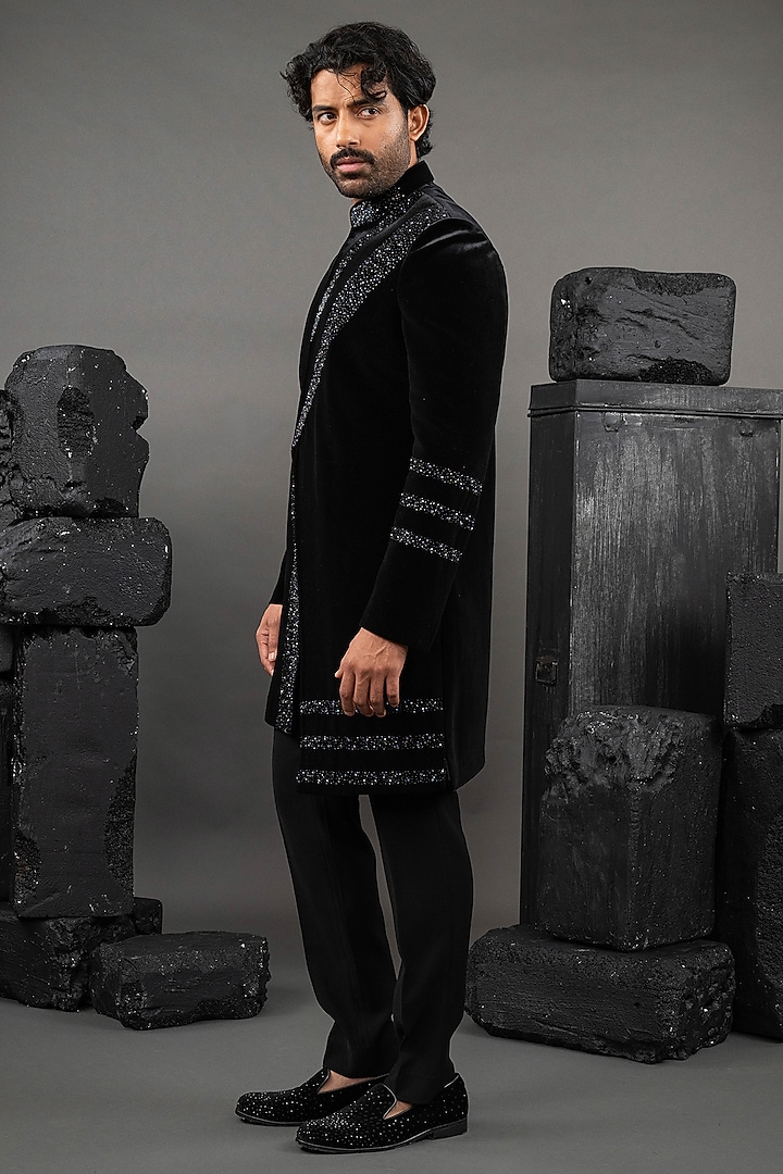 Black Velvet Beads Embroidered Wedding Indowestern Set by ADANI at Pernia's Pop Up Shop