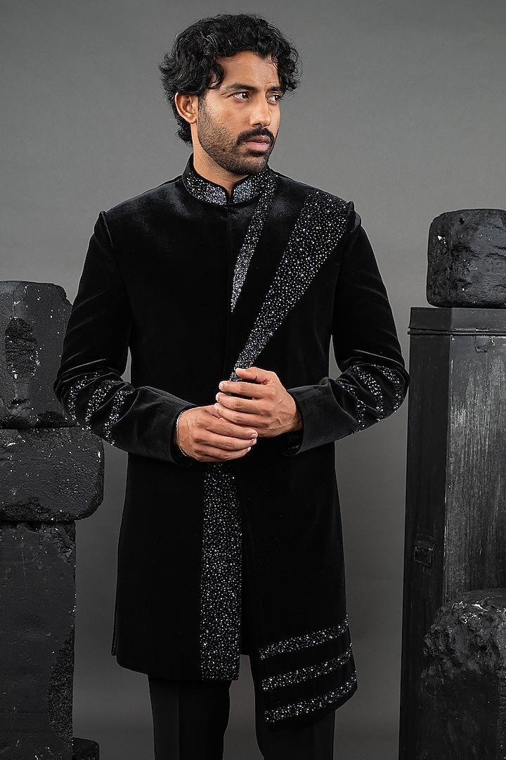 Black Velvet Beads Embroidered Wedding Indowestern Set by ADANI at Pernia's Pop Up Shop
