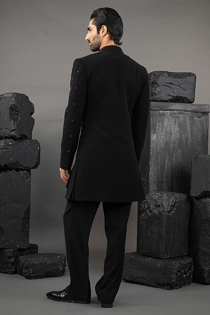 Black Japanese Fabric Glass Beadwork Groom Indowestern Set by ADANI at Pernia's Pop Up Shop