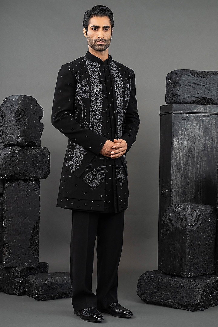 Black Japanese Fabric Glass Beadwork Groom Indowestern Set by ADANI at Pernia's Pop Up Shop